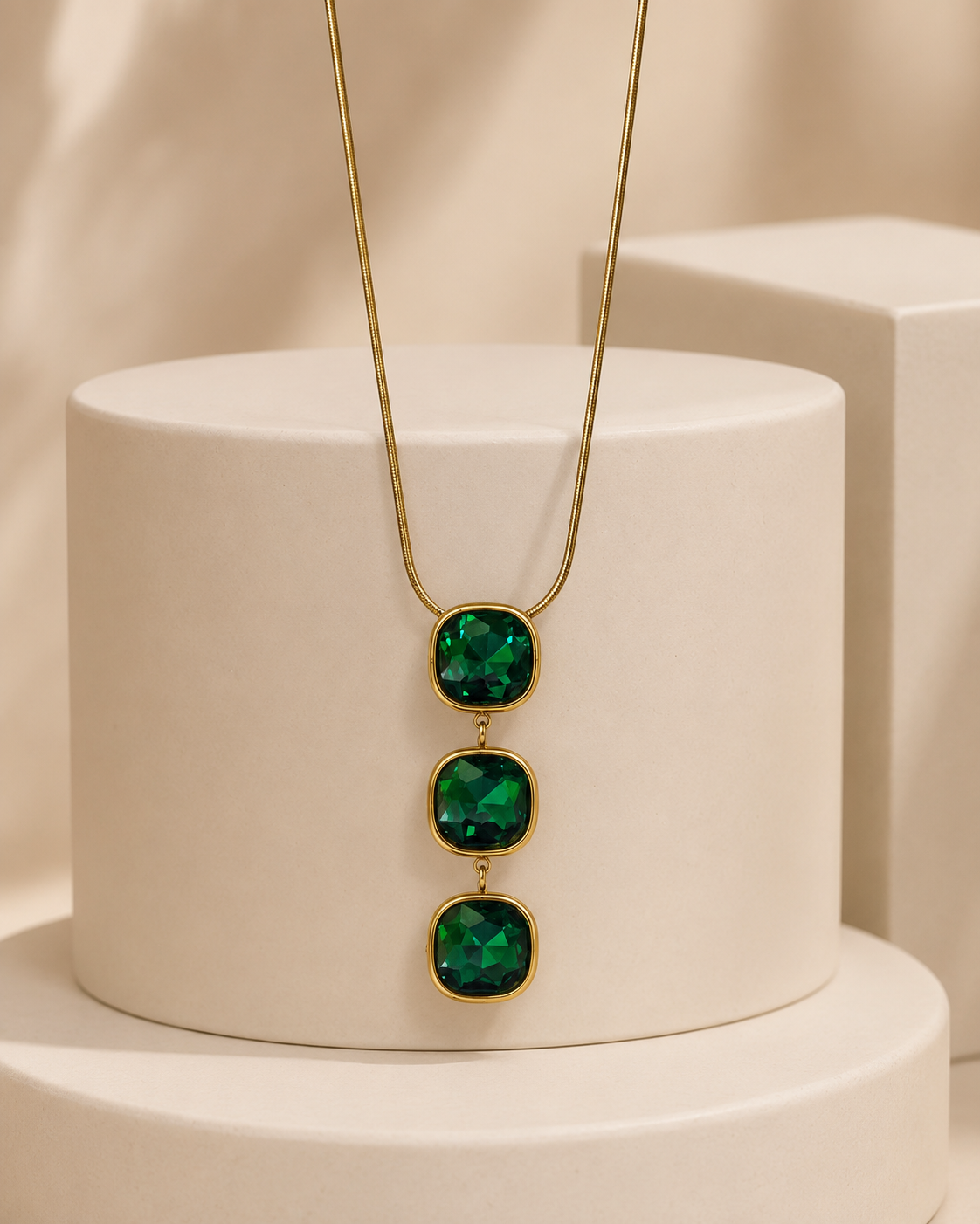 Emerald Green Triple Cushion Crystal Drop Necklace