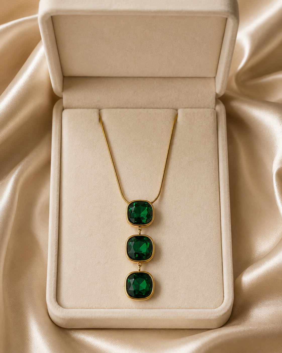 Emerald Green Triple Cushion Crystal Drop Necklace