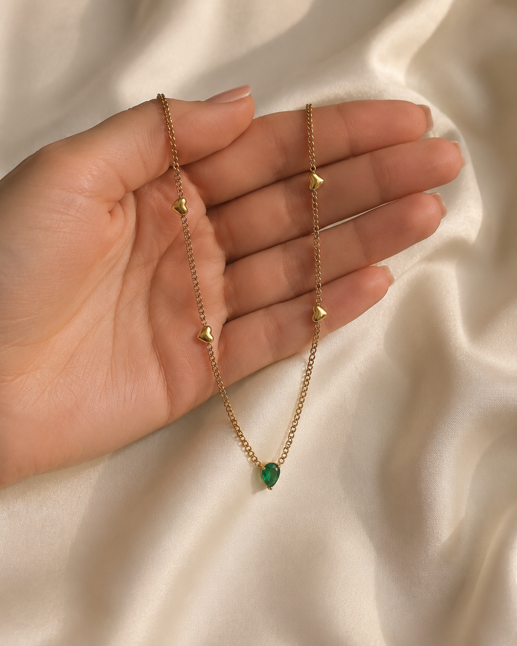 Emerald Heart Charm Gold-Plated Long Necklace
