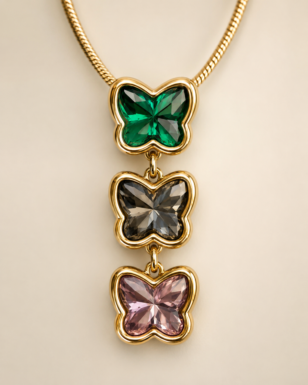 Multicolour Triple Butterfly Crystal Drop Necklace