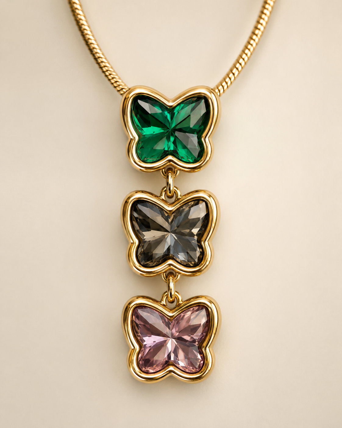 Multicolour Triple Butterfly Crystal Drop Necklace