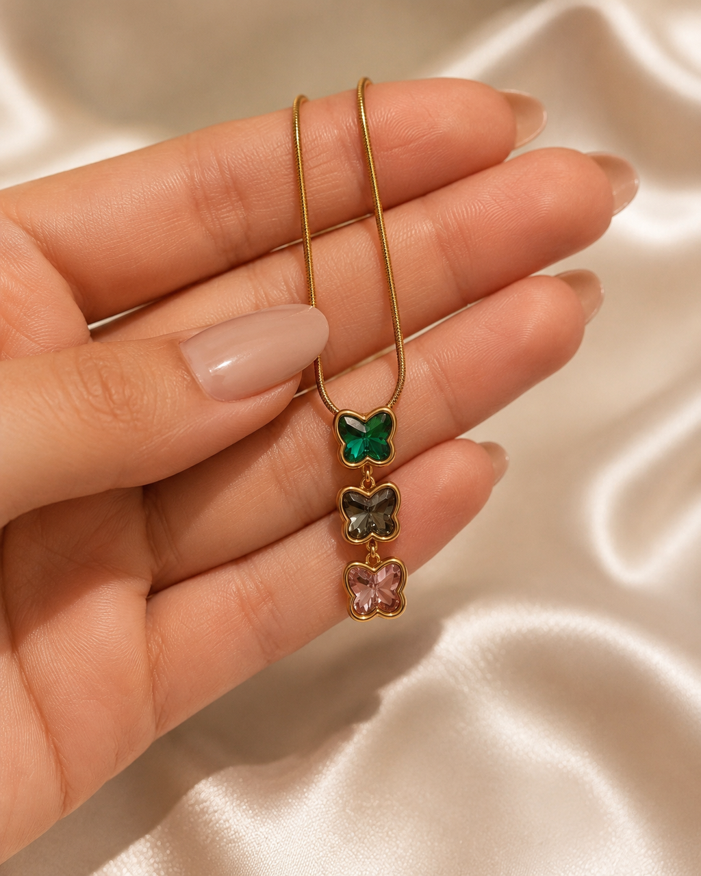 Multicolour Triple Butterfly Crystal Drop Necklace