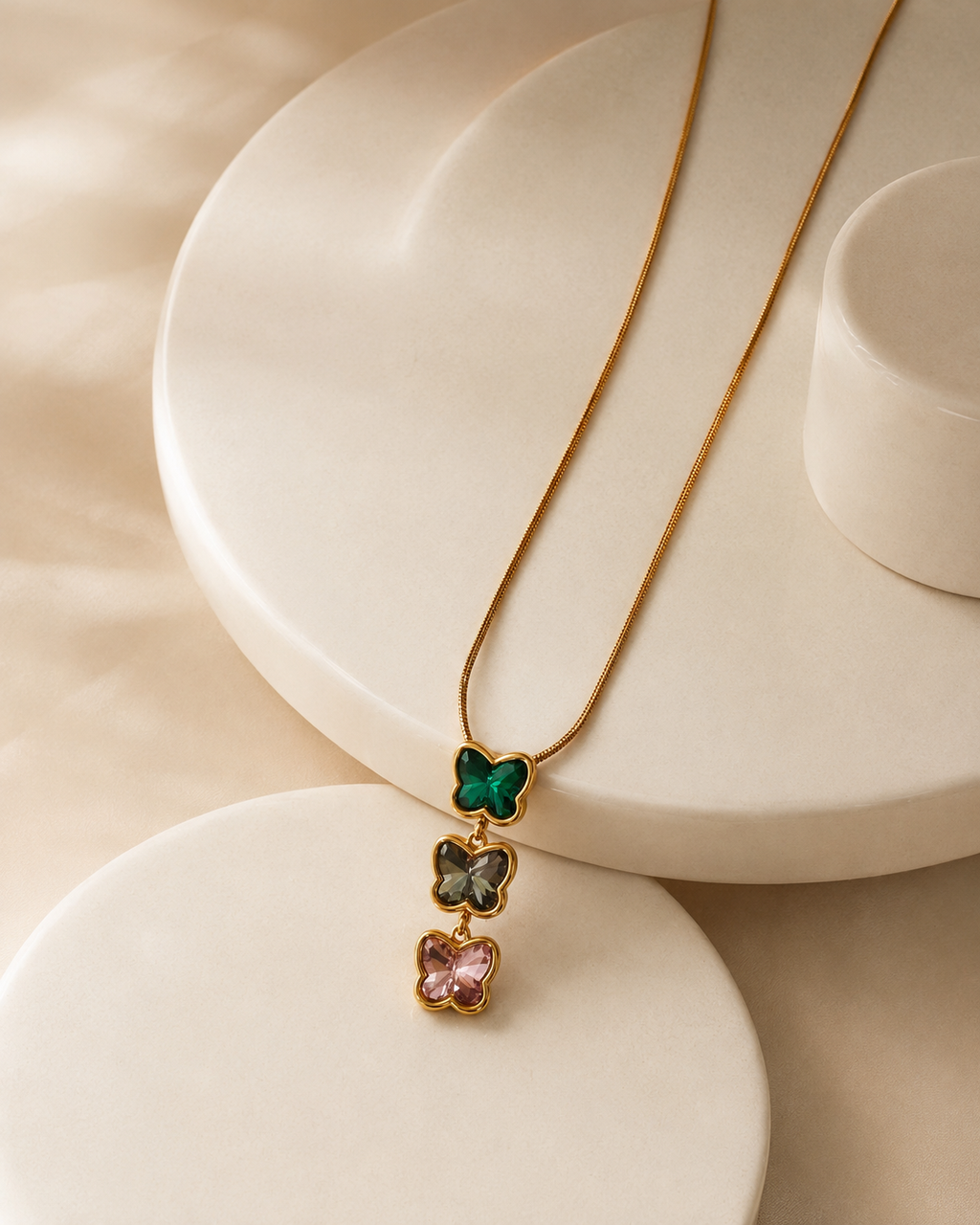 Multicolour Triple Butterfly Crystal Drop Necklace