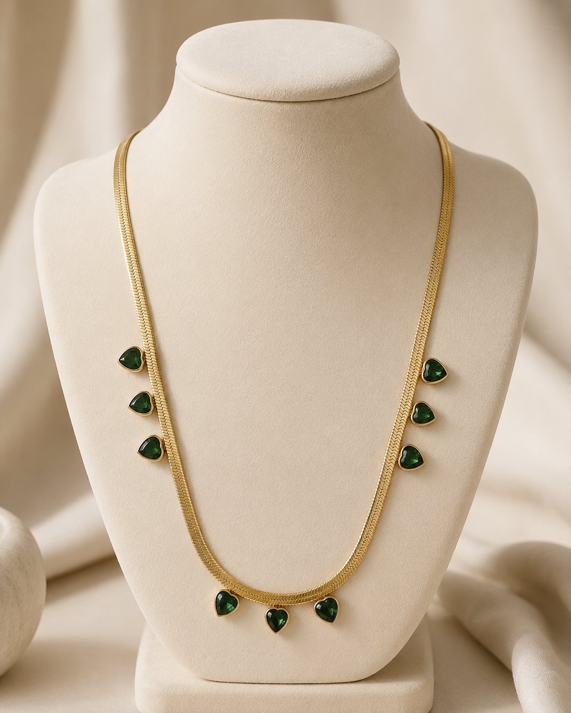 Emerald Green Heart Charm Gold-Plated Herringbone Necklace
