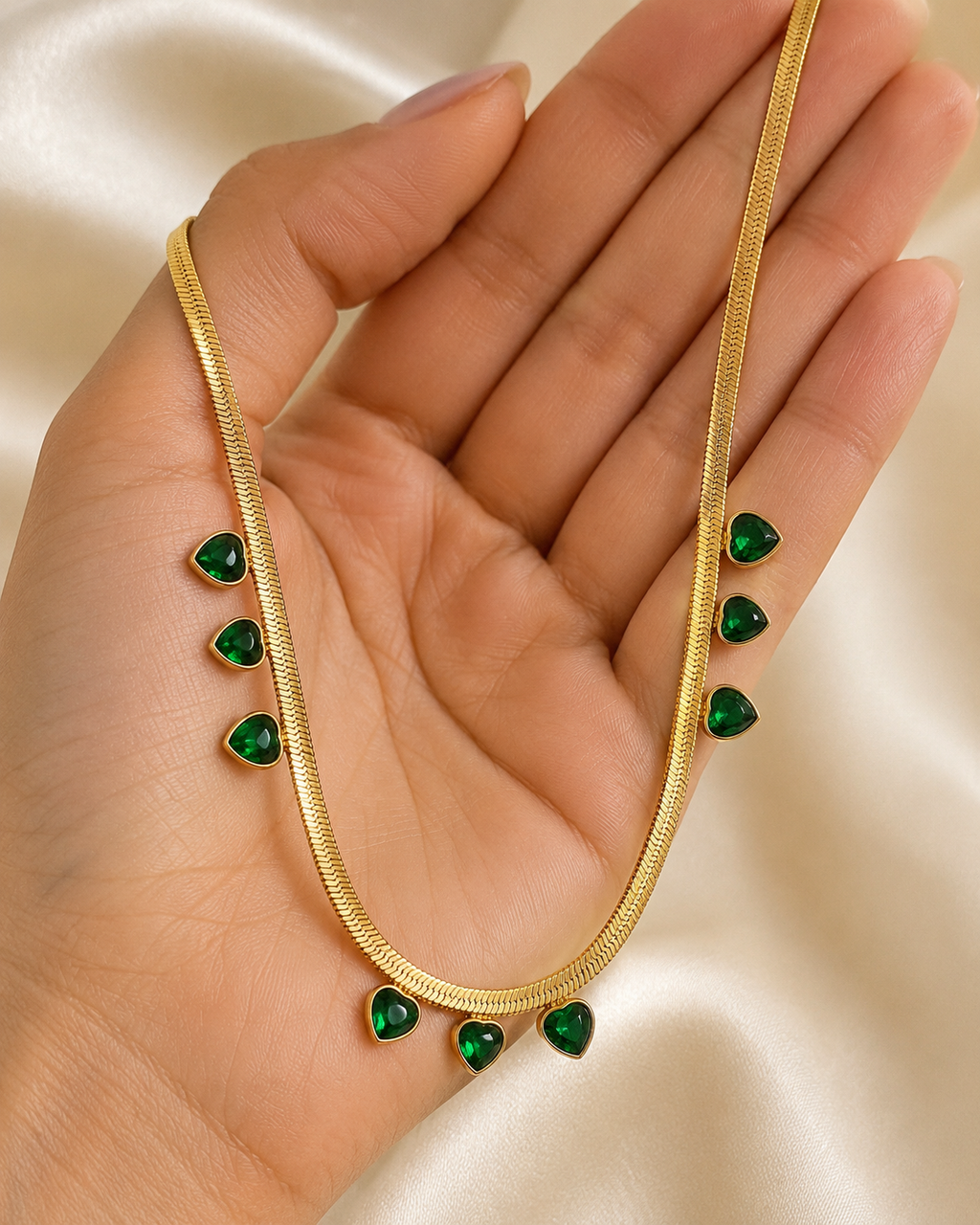 Emerald Green Heart Charm Gold-Plated Herringbone Necklace