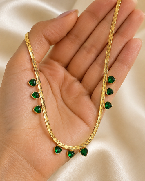 Emerald Green Heart Charm Gold-Plated Herringbone Necklace