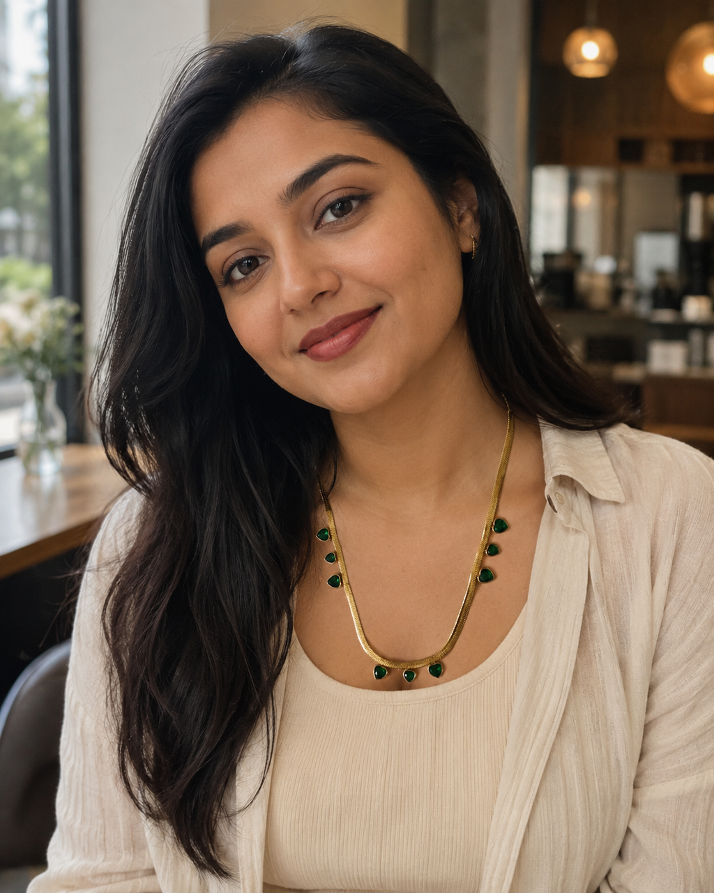 Emerald Green Heart Charm Gold-Plated Herringbone Necklace
