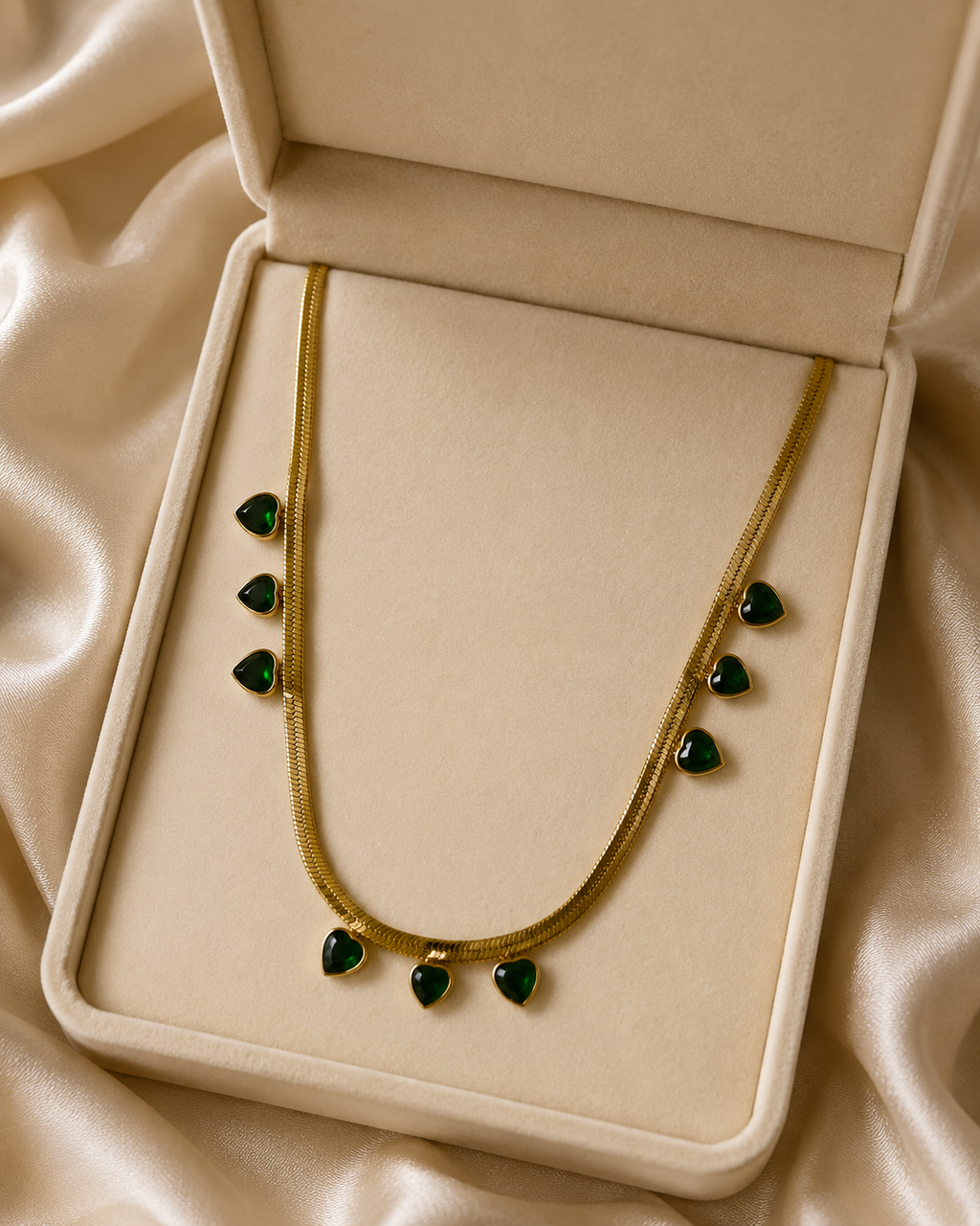 Emerald Green Heart Charm Gold-Plated Herringbone Necklace