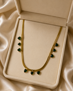Emerald Green Heart Charm Gold-Plated Herringbone Necklace