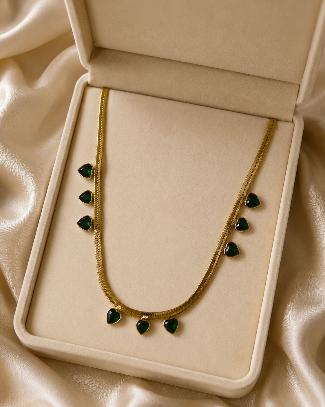 Emerald Green Heart Charm Gold-Plated Herringbone Necklace