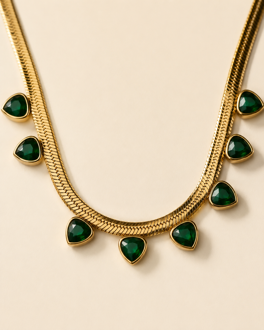 Emerald Green Heart Charm Gold-Plated Herringbone Necklace