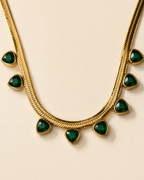 Emerald Green Heart Charm Gold-Plated Herringbone Necklace