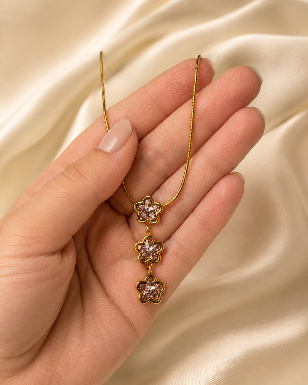Blush Pink Triple Floral Crystal Drop Necklace