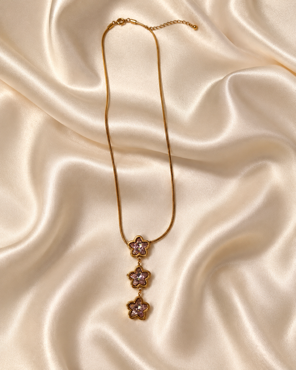 Blush Pink Triple Floral Crystal Drop Necklace