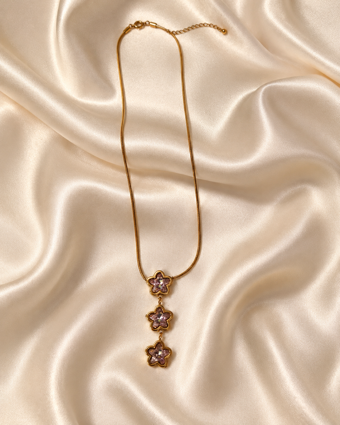 Blush Pink Triple Floral Crystal Drop Necklace