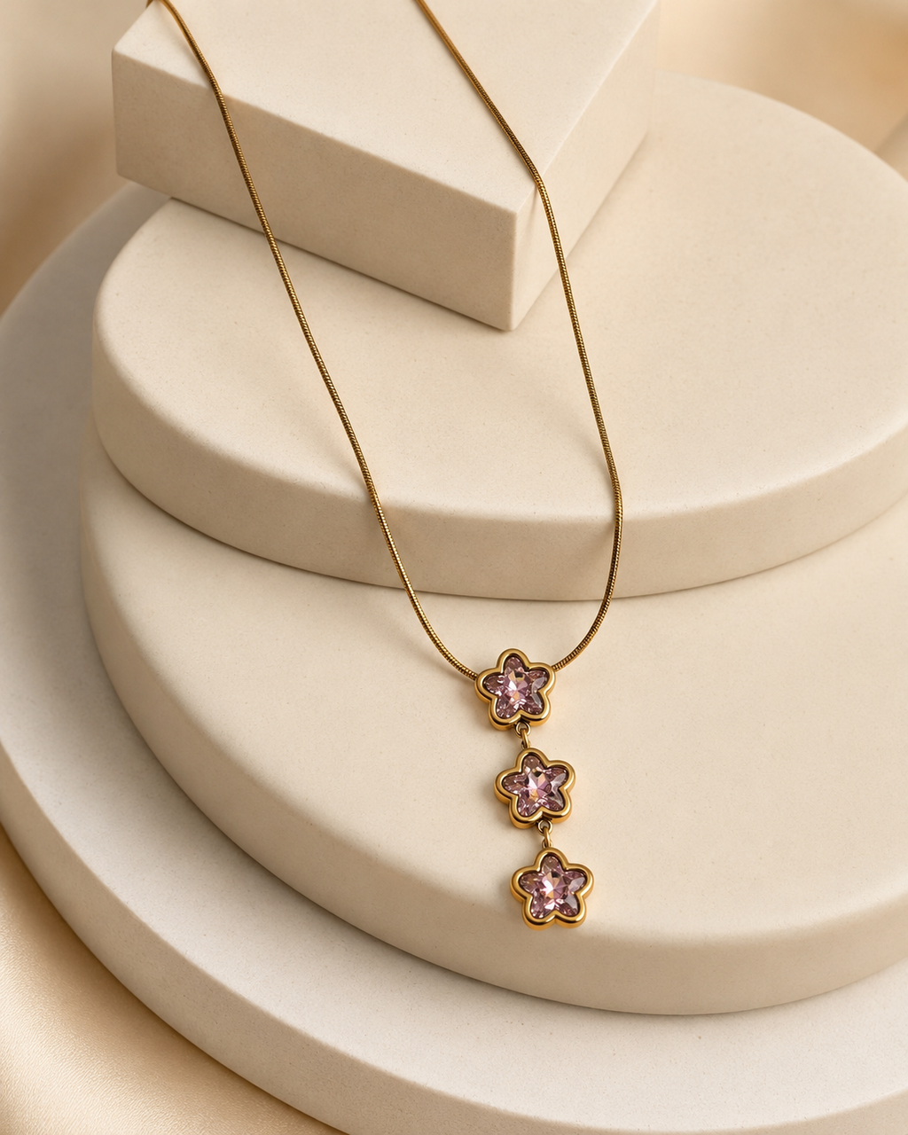 Blush Pink Triple Floral Crystal Drop Necklace