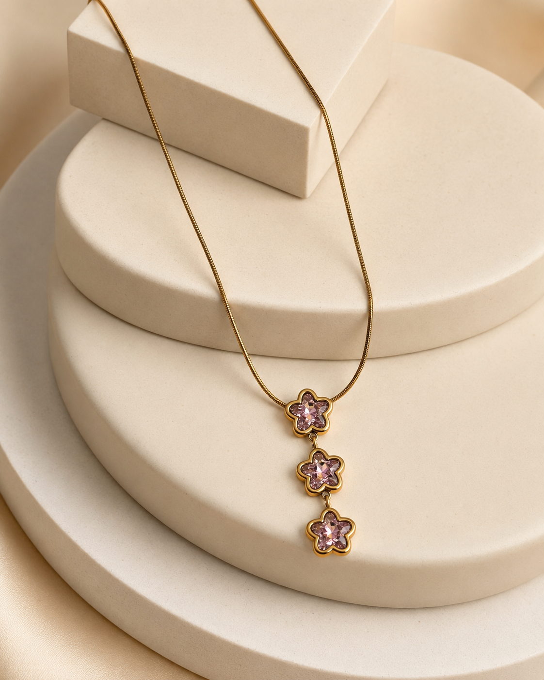 Blush Pink Triple Floral Crystal Drop Necklace