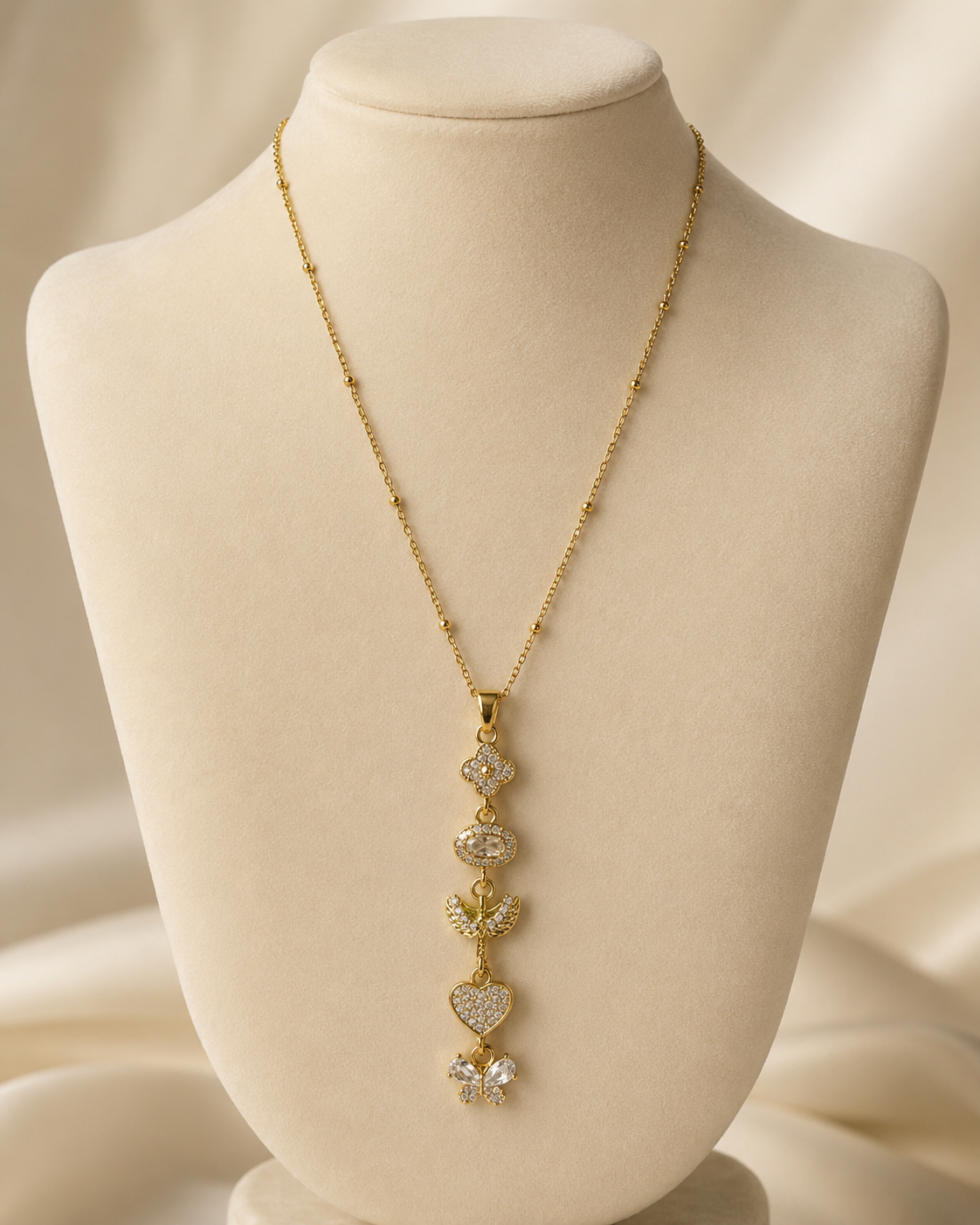 Crystal Heart Butterfly Long Drop Gold-Plated Necklace