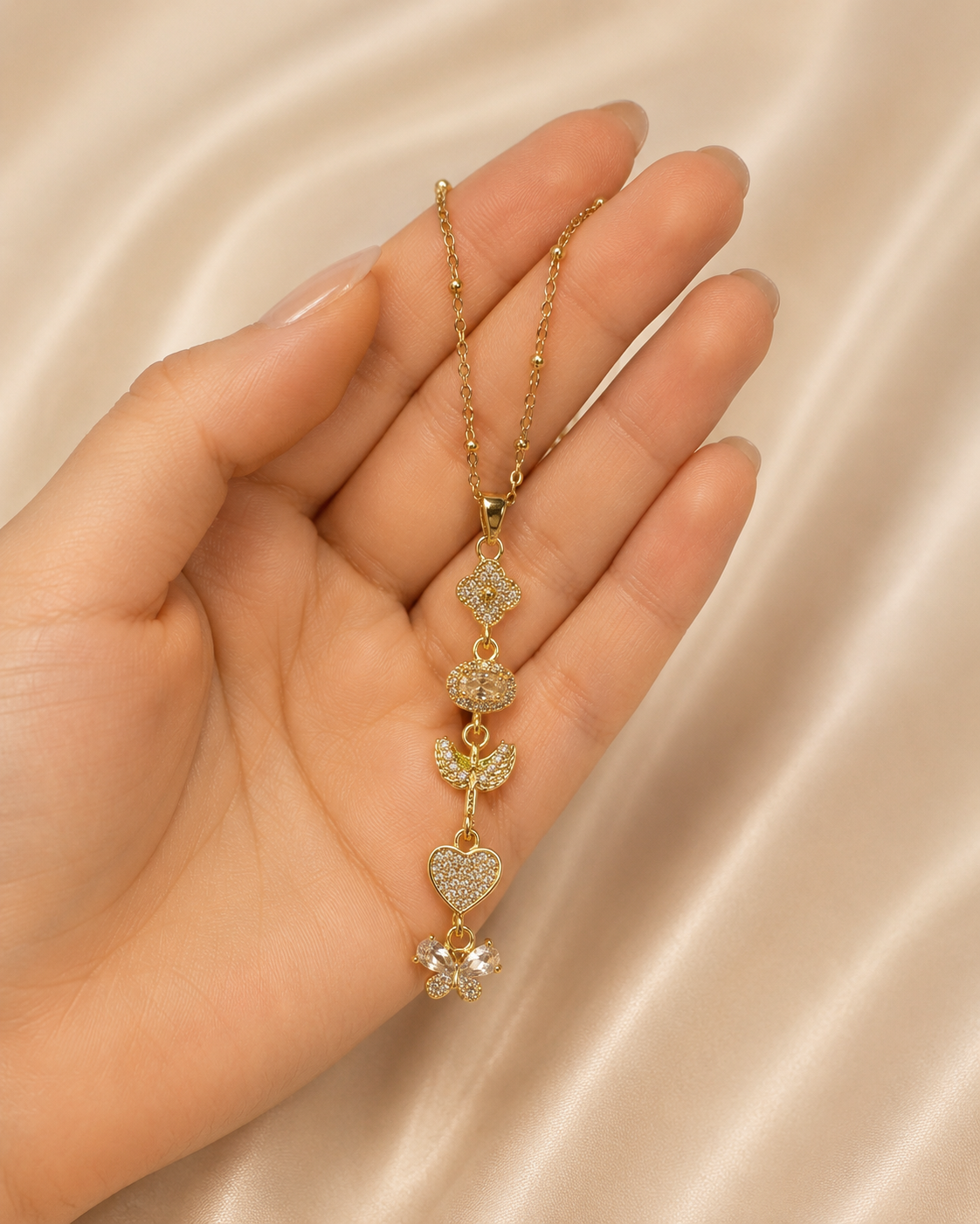 Crystal Heart Butterfly Long Drop Gold-Plated Necklace