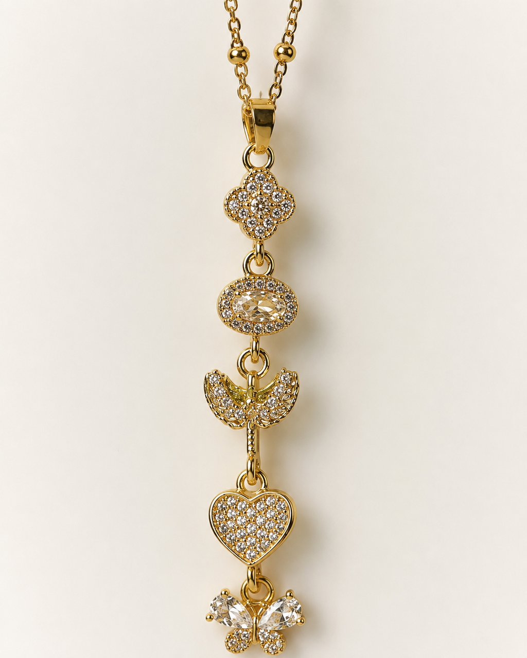 Crystal Heart Butterfly Long Drop Gold-Plated Necklace