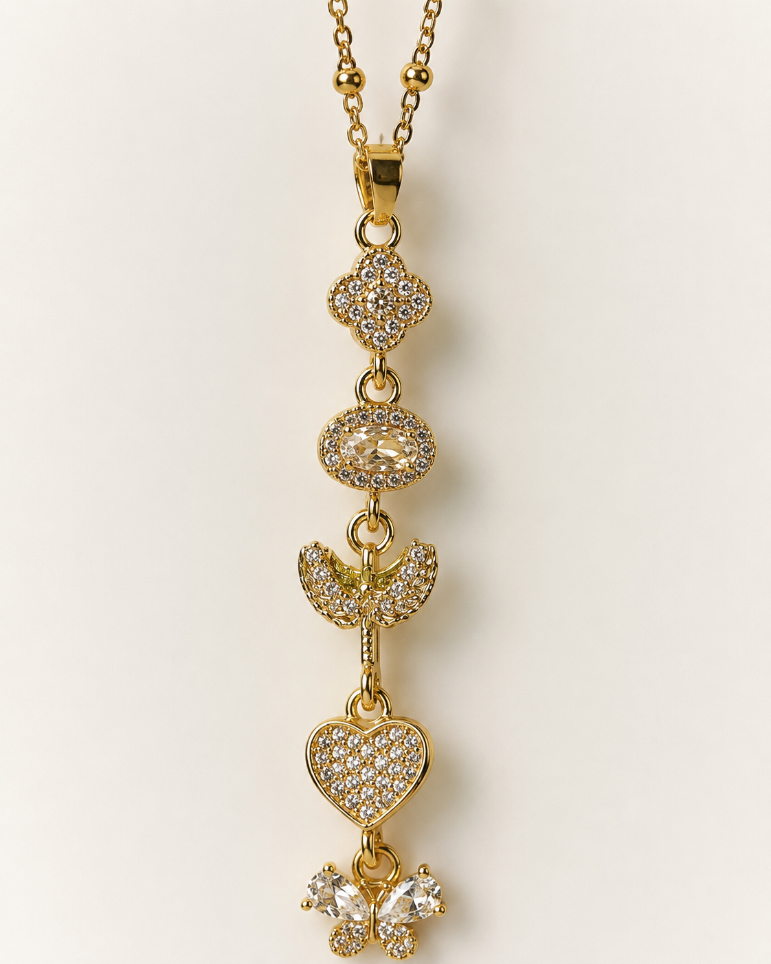 Crystal Heart Butterfly Long Drop Gold-Plated Necklace