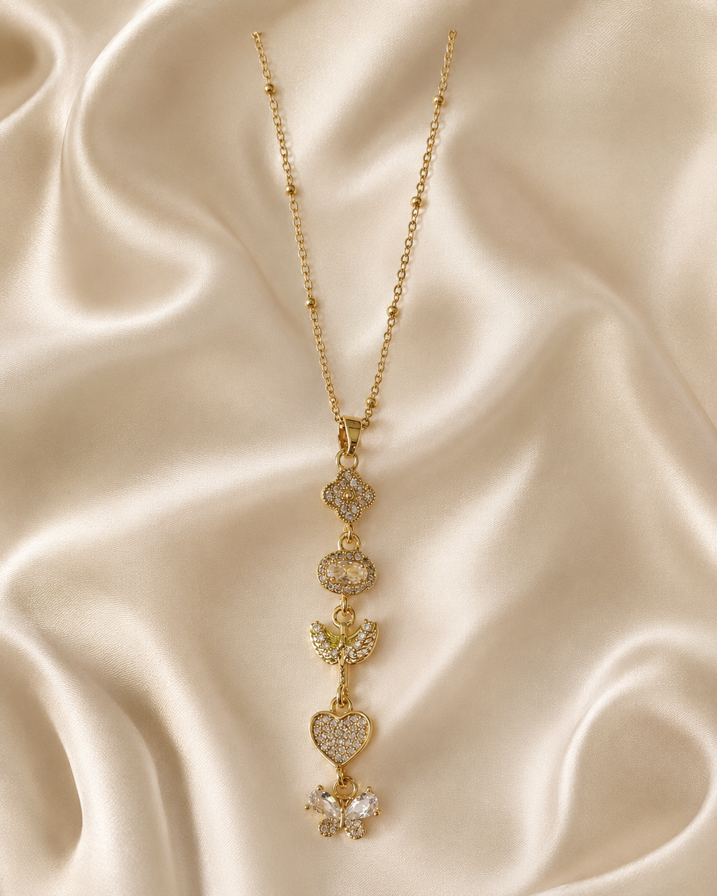 Crystal Heart Butterfly Long Drop Gold-Plated Necklace