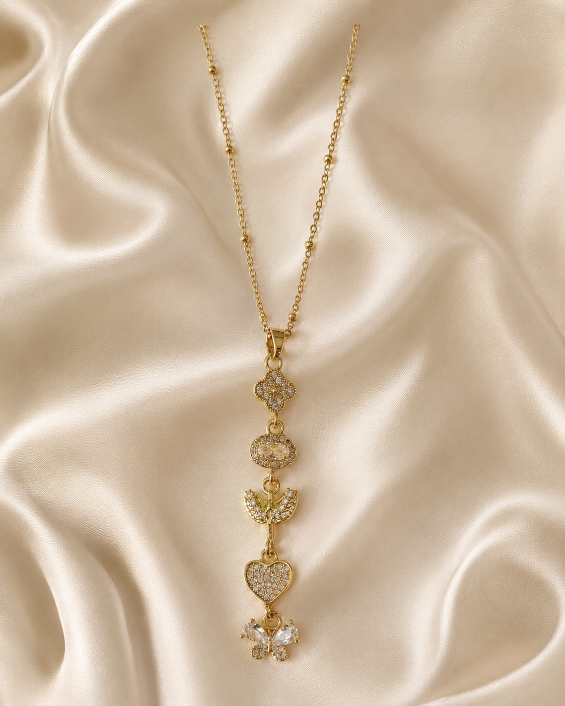 Crystal Heart Butterfly Long Drop Gold-Plated Necklace