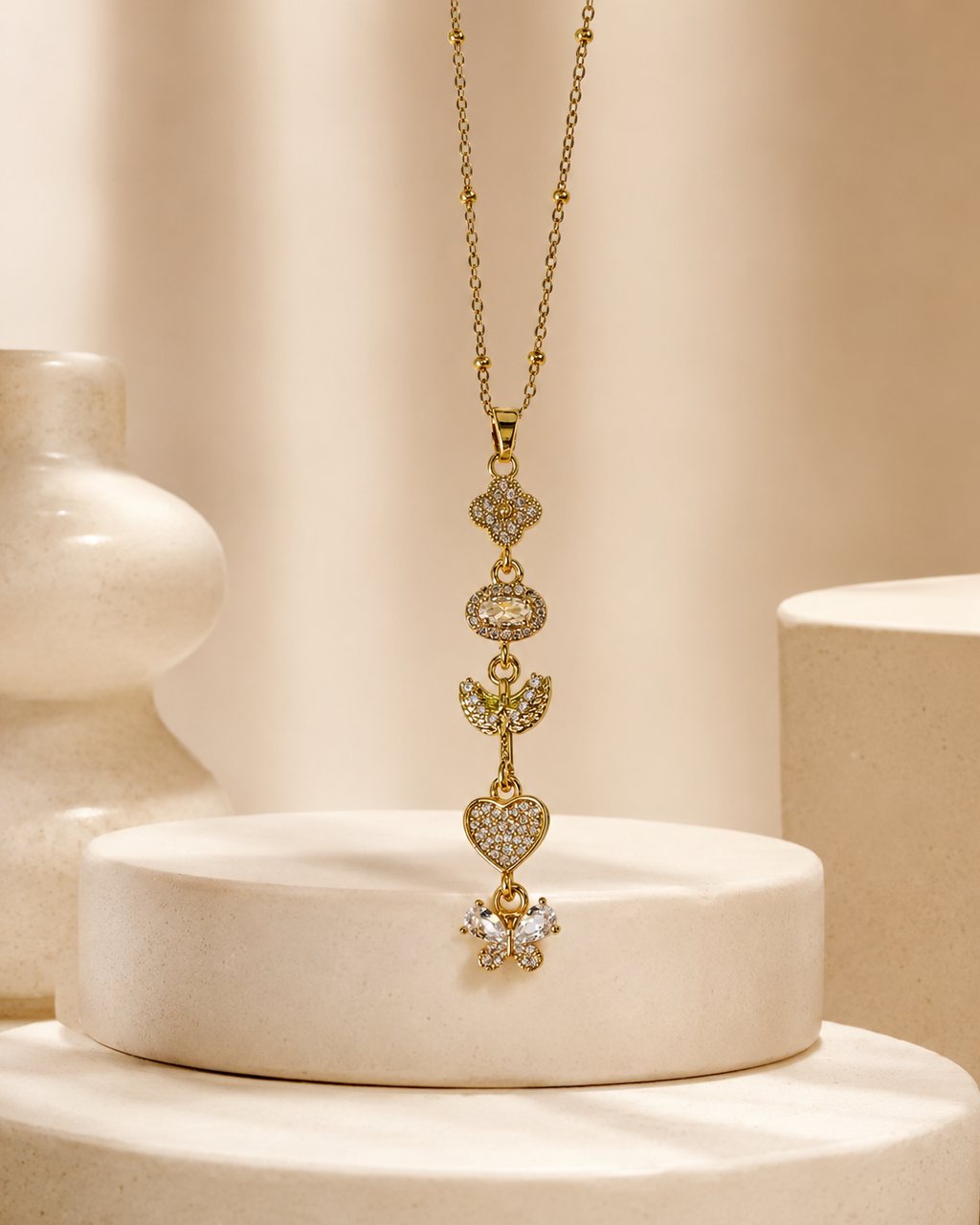 Crystal Heart Butterfly Long Drop Gold-Plated Necklace