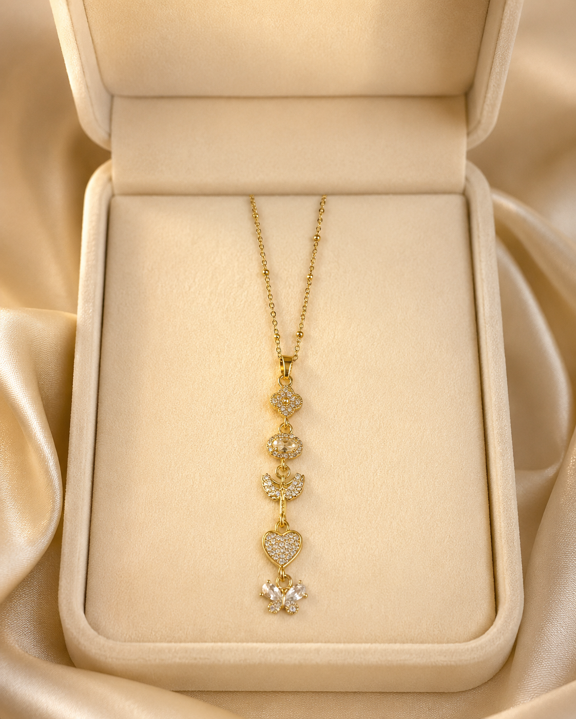 Crystal Heart Butterfly Long Drop Gold-Plated Necklace