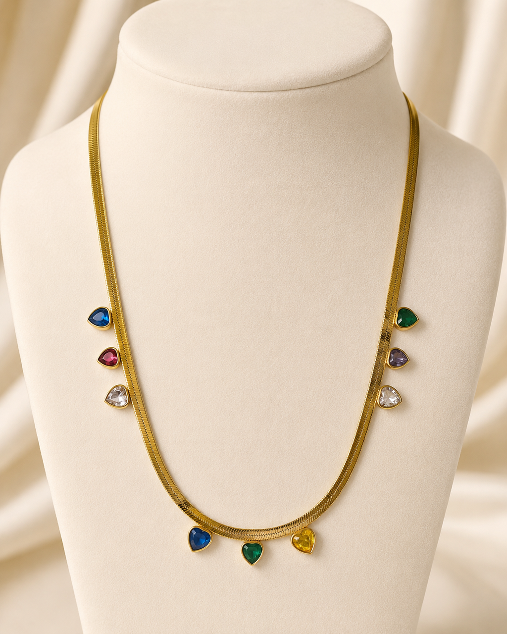 Multicolour Heart Charm Gold-Plated Herringbone Necklace