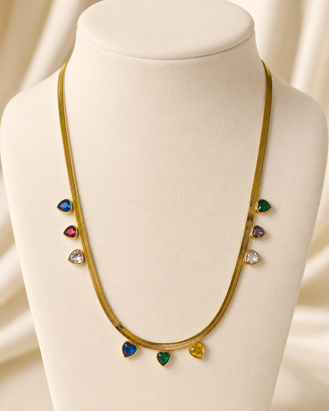 Multicolour Heart Charm Gold-Plated Herringbone Necklace