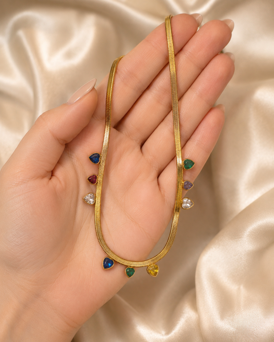 Multicolour Heart Charm Gold-Plated Herringbone Necklace