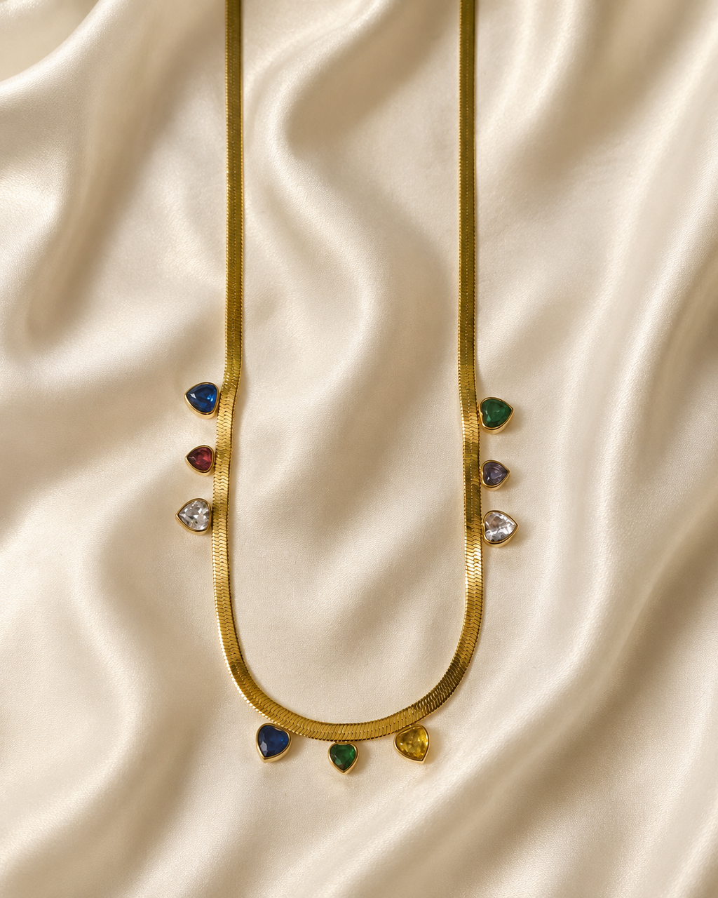 Multicolour Heart Charm Gold-Plated Herringbone Necklace