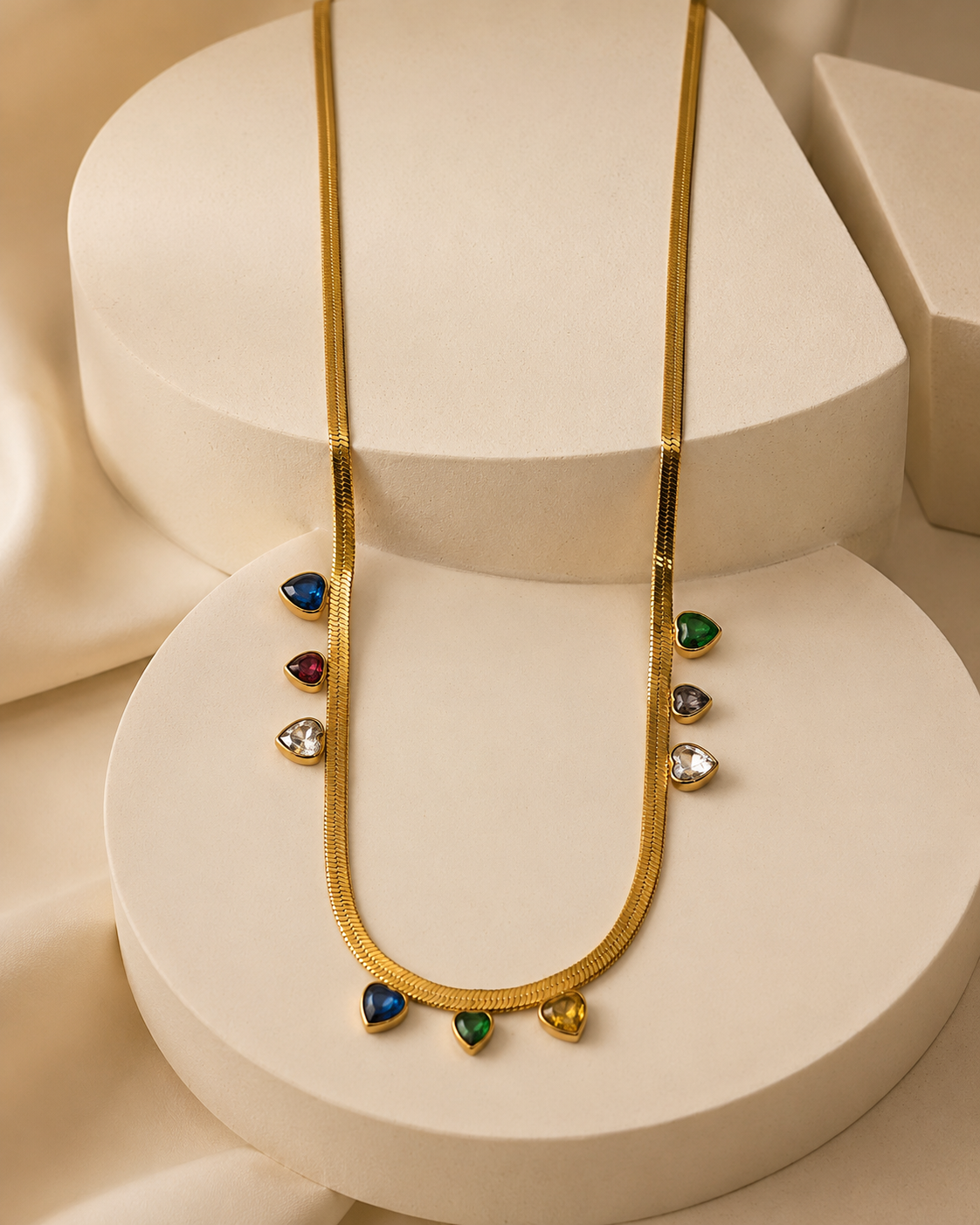 Multicolour Heart Charm Gold-Plated Herringbone Necklace