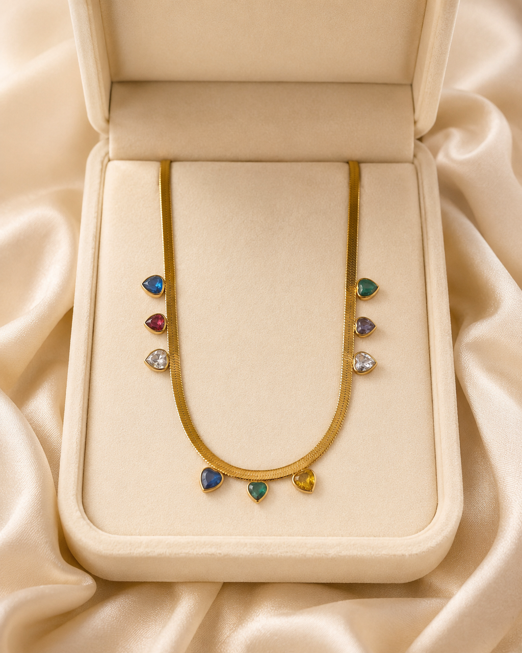 Multicolour Heart Charm Gold-Plated Herringbone Necklace