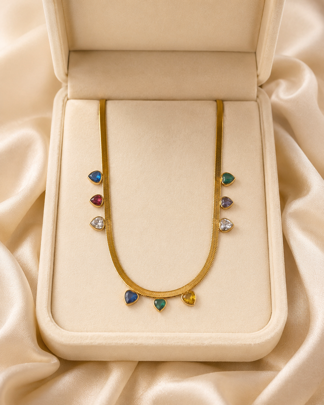 Multicolour Heart Charm Gold-Plated Herringbone Necklace