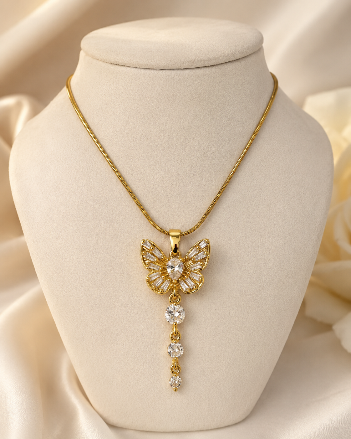 Crystal Butterfly Gold-Plated Tassel Pendant Necklace
