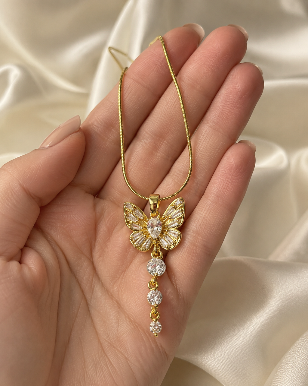 Crystal Butterfly Gold-Plated Tassel Pendant Necklace