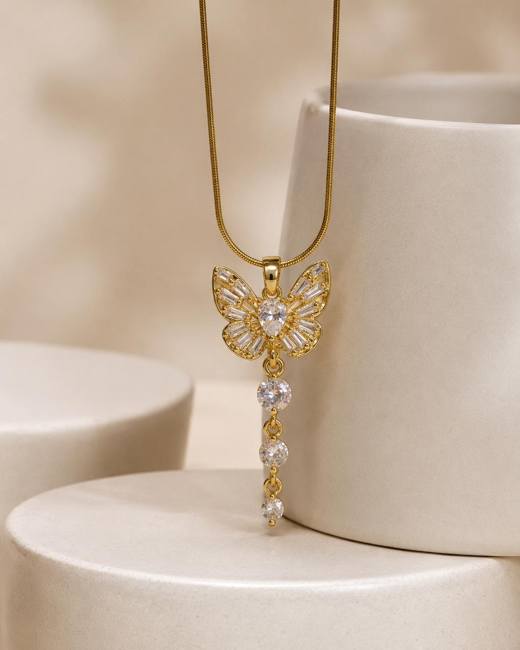 Crystal Butterfly Gold-Plated Tassel Pendant Necklace