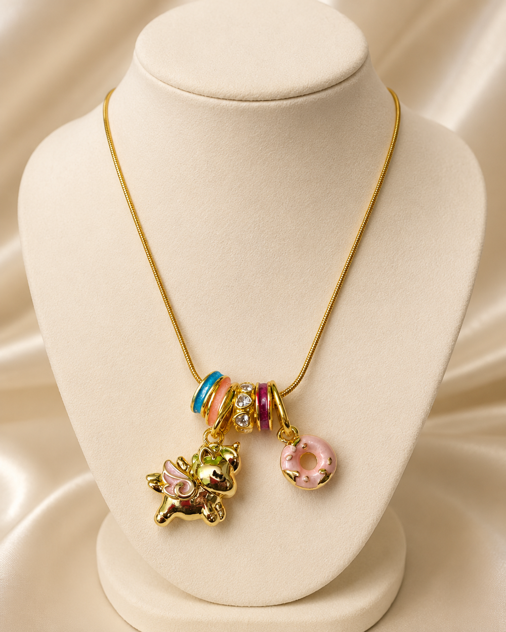 Cute Unicorn Donut Charm Gold-Plated Necklace