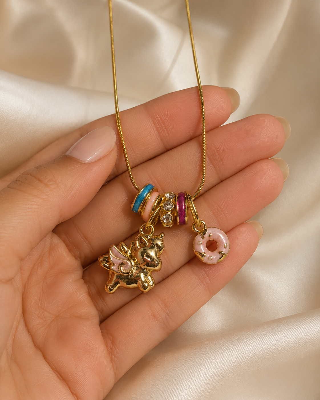 Cute Unicorn Donut Charm Gold-Plated Necklace