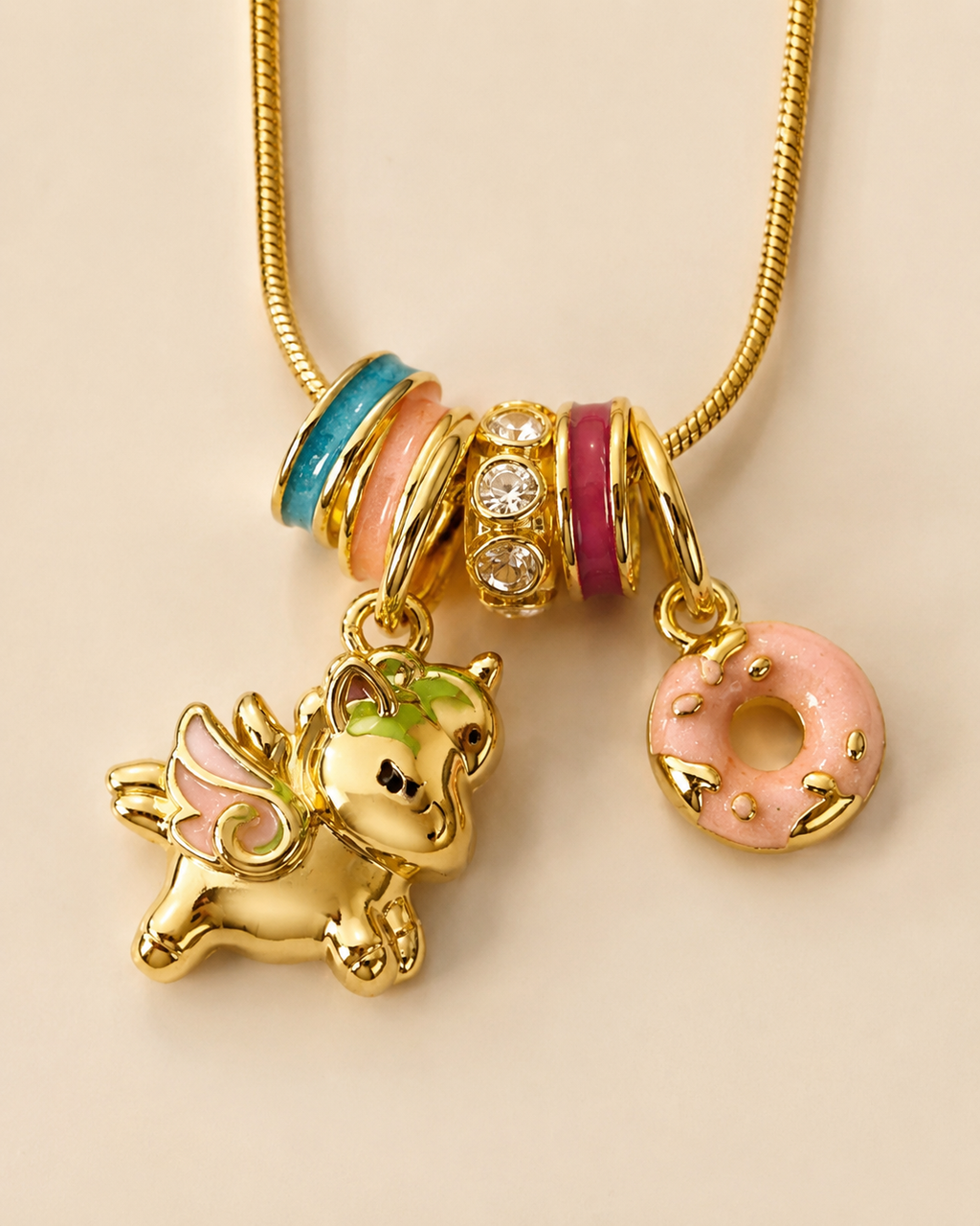 Cute Unicorn Donut Charm Gold-Plated Necklace