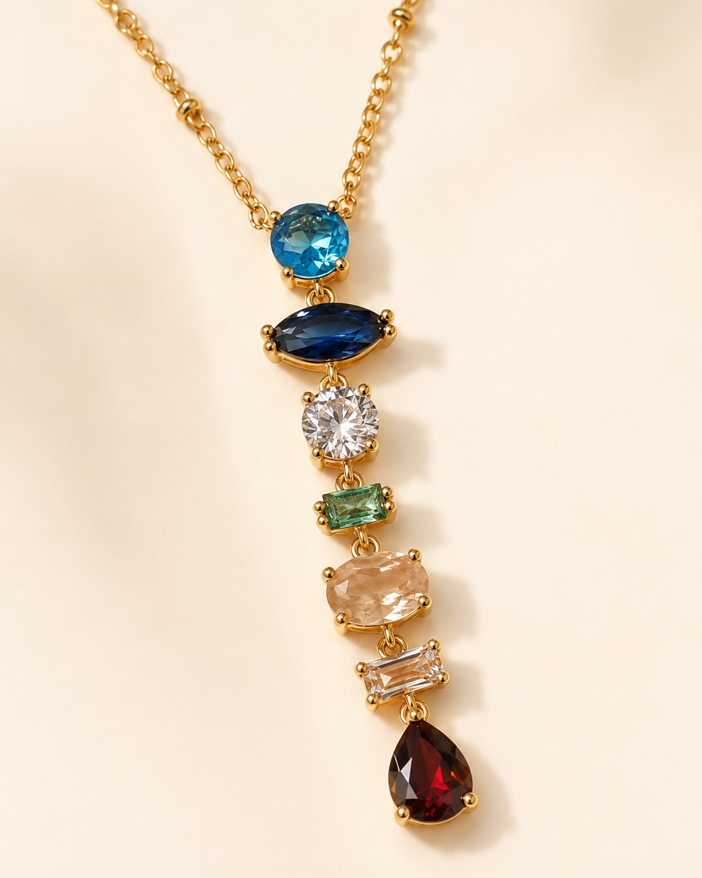 Multicolour Gemstone Vertical Drop Gold-Plated Necklace
