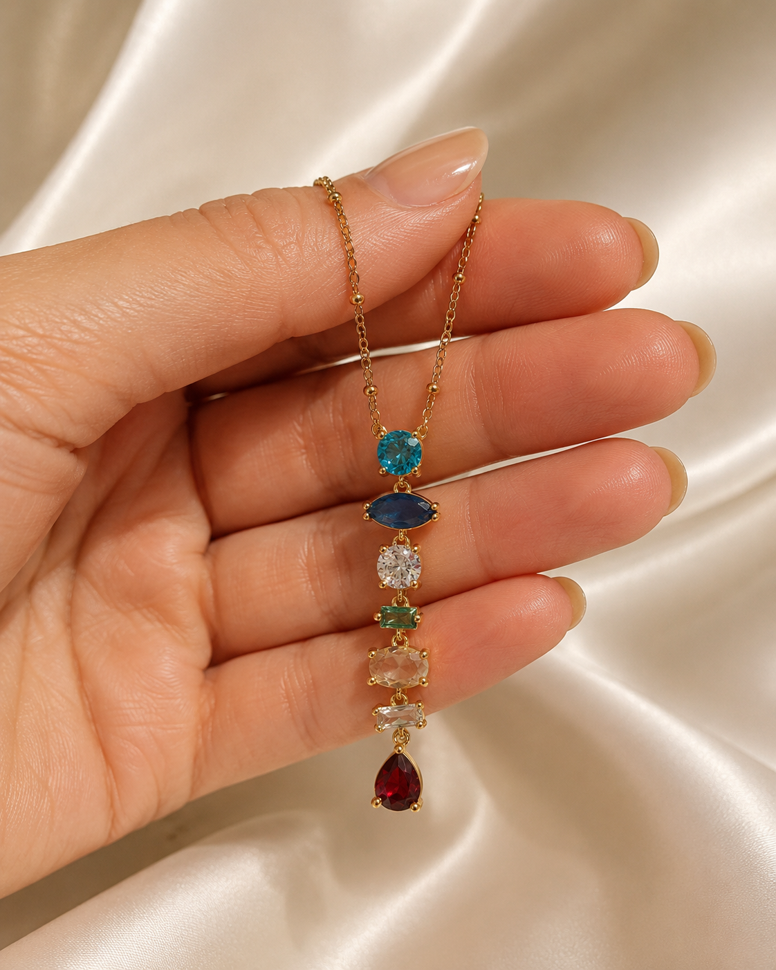 Multicolour Gemstone Vertical Drop Gold-Plated Necklace