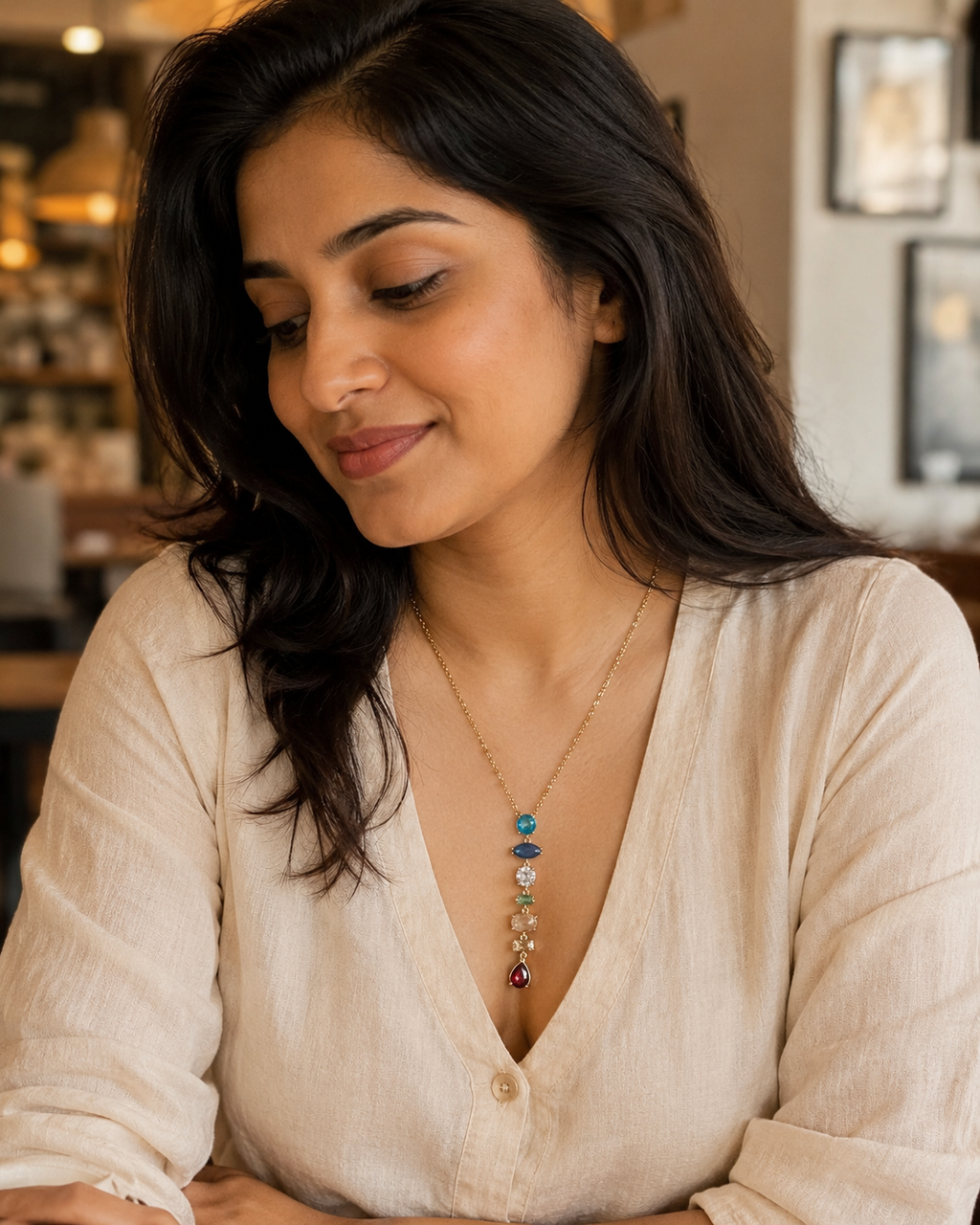 Multicolour Gemstone Vertical Drop Gold-Plated Necklace