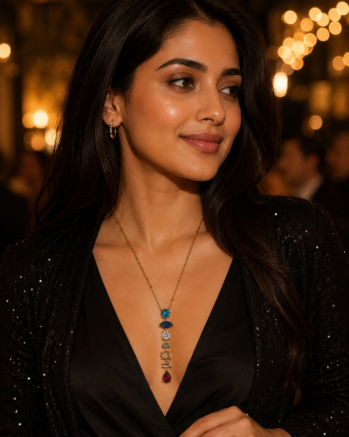 Multicolour Gemstone Vertical Drop Gold-Plated Necklace
