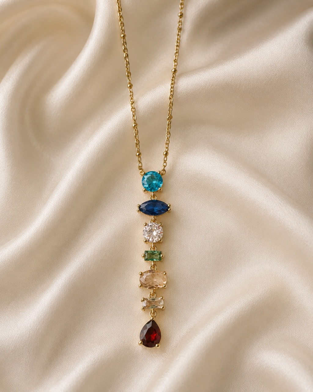 Multicolour Gemstone Vertical Drop Gold-Plated Necklace