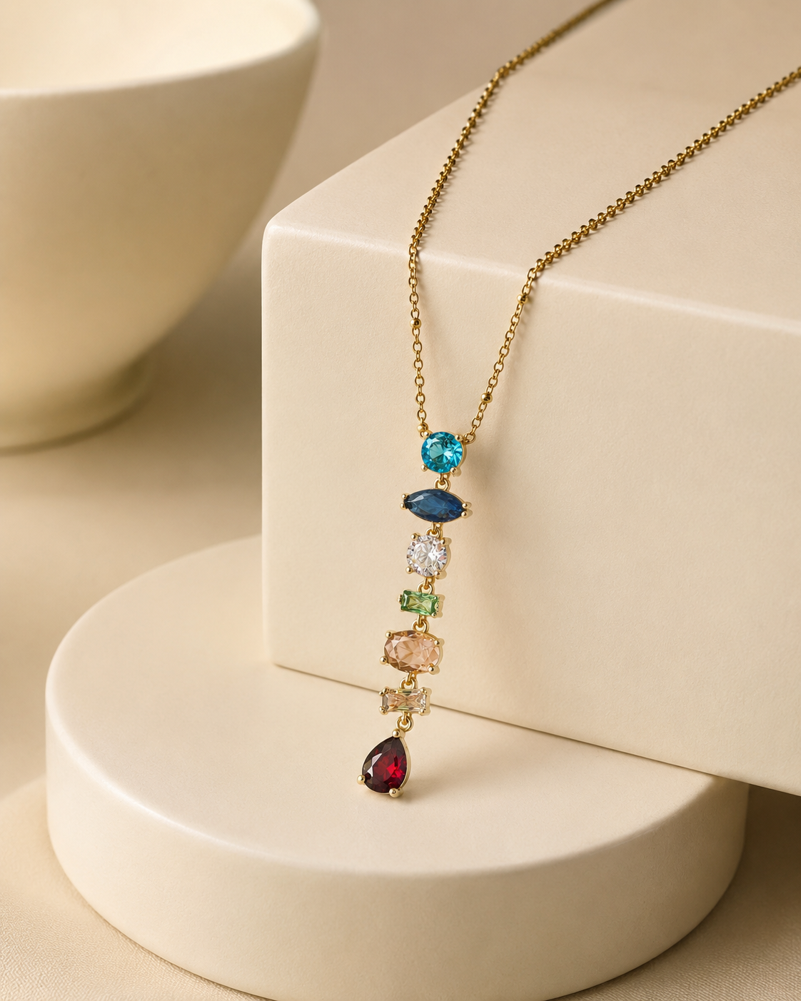 Multicolour Gemstone Vertical Drop Gold-Plated Necklace