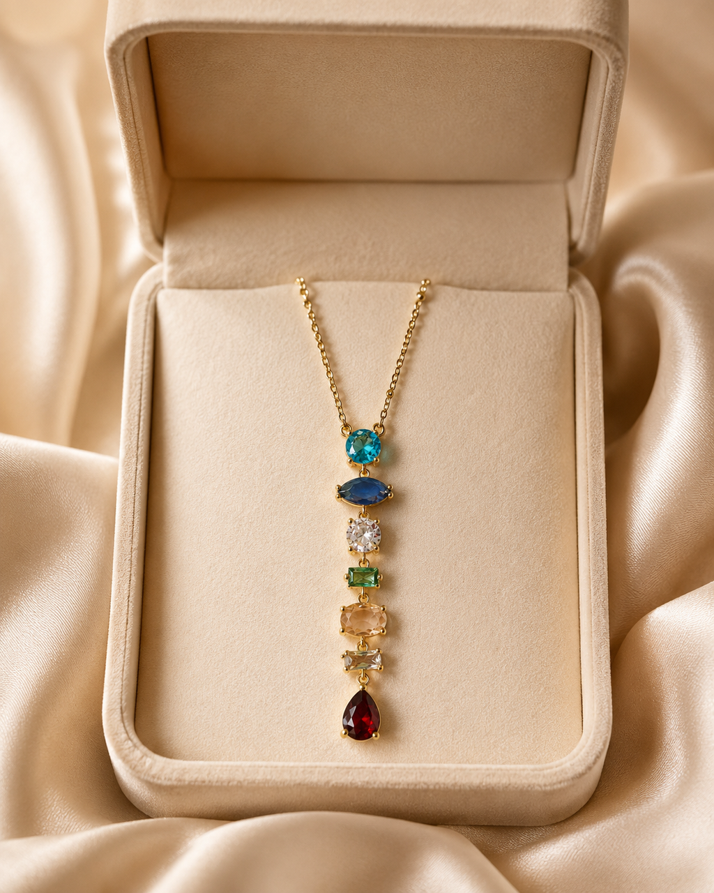 Multicolour Gemstone Vertical Drop Gold-Plated Necklace