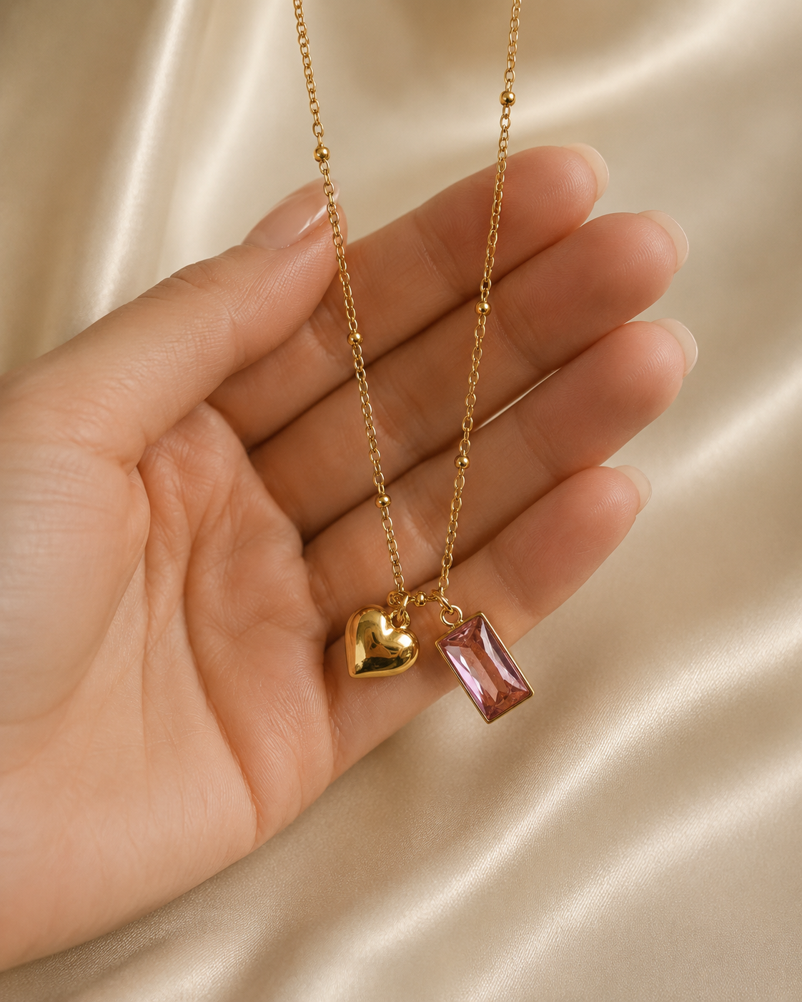 Golden Heart & Pink Charm Necklace
